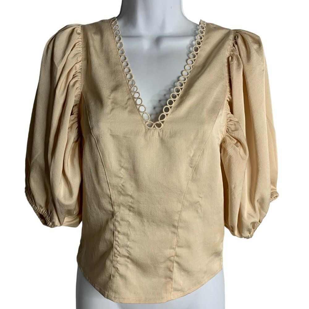 Express Deep V Neck Puff Sleeve Blouse XS Beige Satin Shirring Crochet Lace Trim